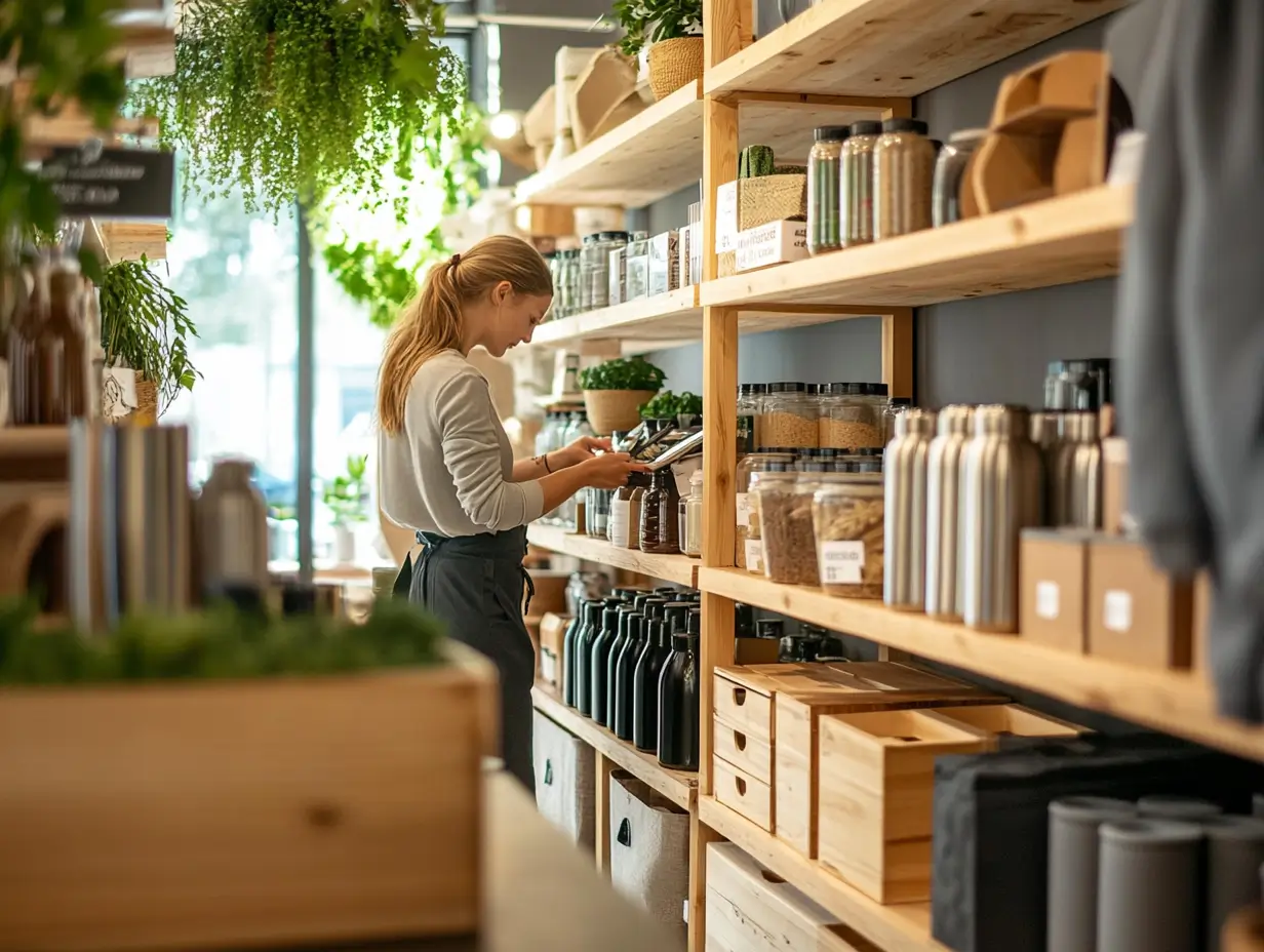 Image illustrant des produits durables du quotidien : une gourde en inox, un sac en coton bio, une brosse à dents en bambou et un ordinateur reconditionné, posés sur une table en bois.