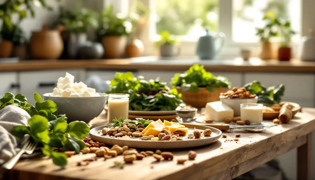 Assortiment d’aliments riches en calcium, protéines et vitamines pour renforcer les os naturellement, posé sur une table en bois dans une cuisine lumineuse.