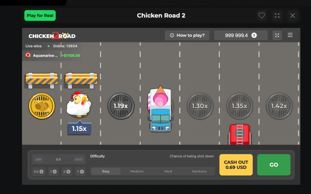 Interface du mini-jeu Chicken Road 2 montrant une poule traversant une route avec différents multiplicateurs de gains dans un casino en ligne.
